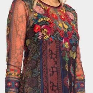 JOHNNY WAS Biya Sheer Mesh Top Embroidered Cuffs Blouse Floral
